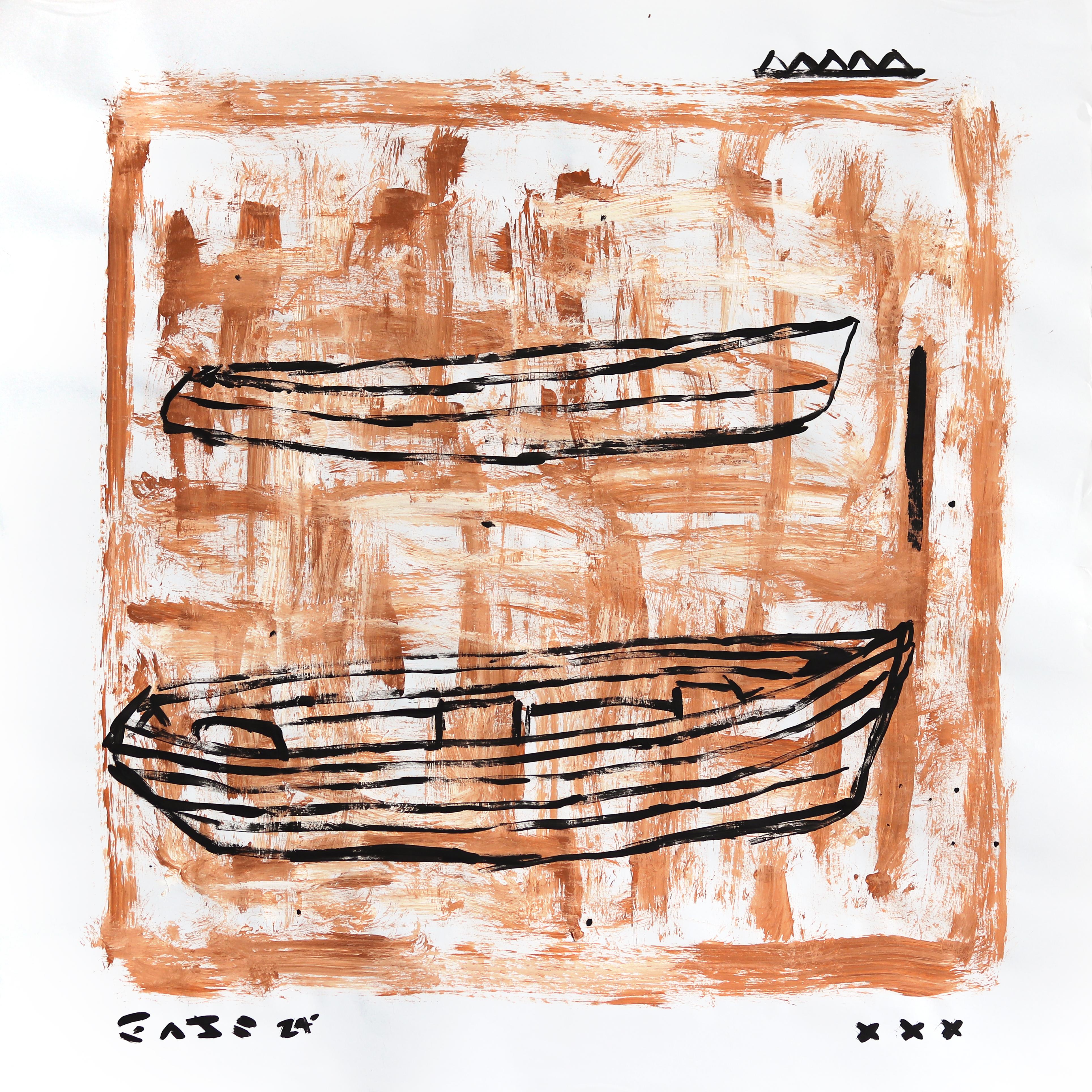 Deux canoës - Nature morte originale à l'OCHRE et au Brown, peinture pop art de Gary Johns