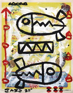 Dos peces - Pintura callejera original de Gary John sobre papel de periódico