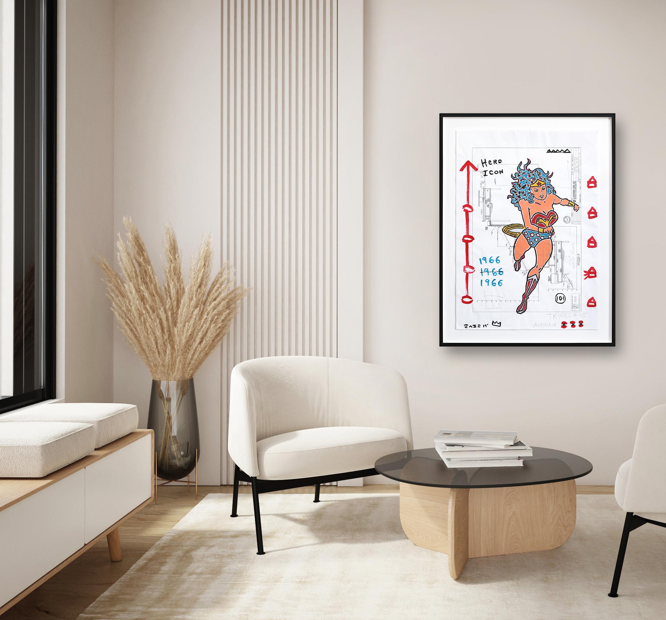 Wonder Woman Stride - Figurative Cartoon Mixed Media Framed Pop Art by Gary John For Sale 1