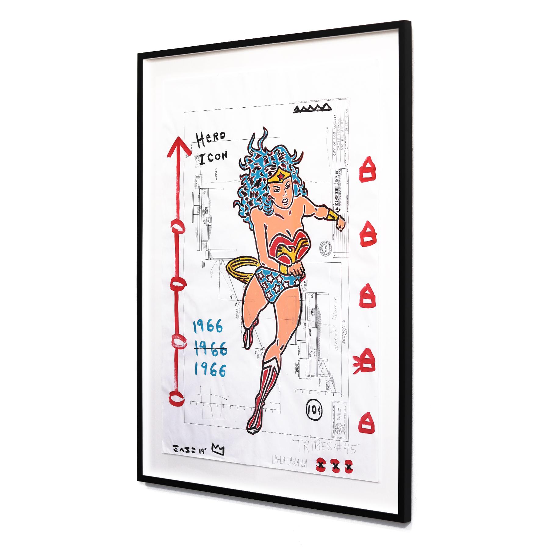 Wonder Woman Stride - Figurative Cartoon Mixed Media Framed Pop Art by Gary John For Sale 3