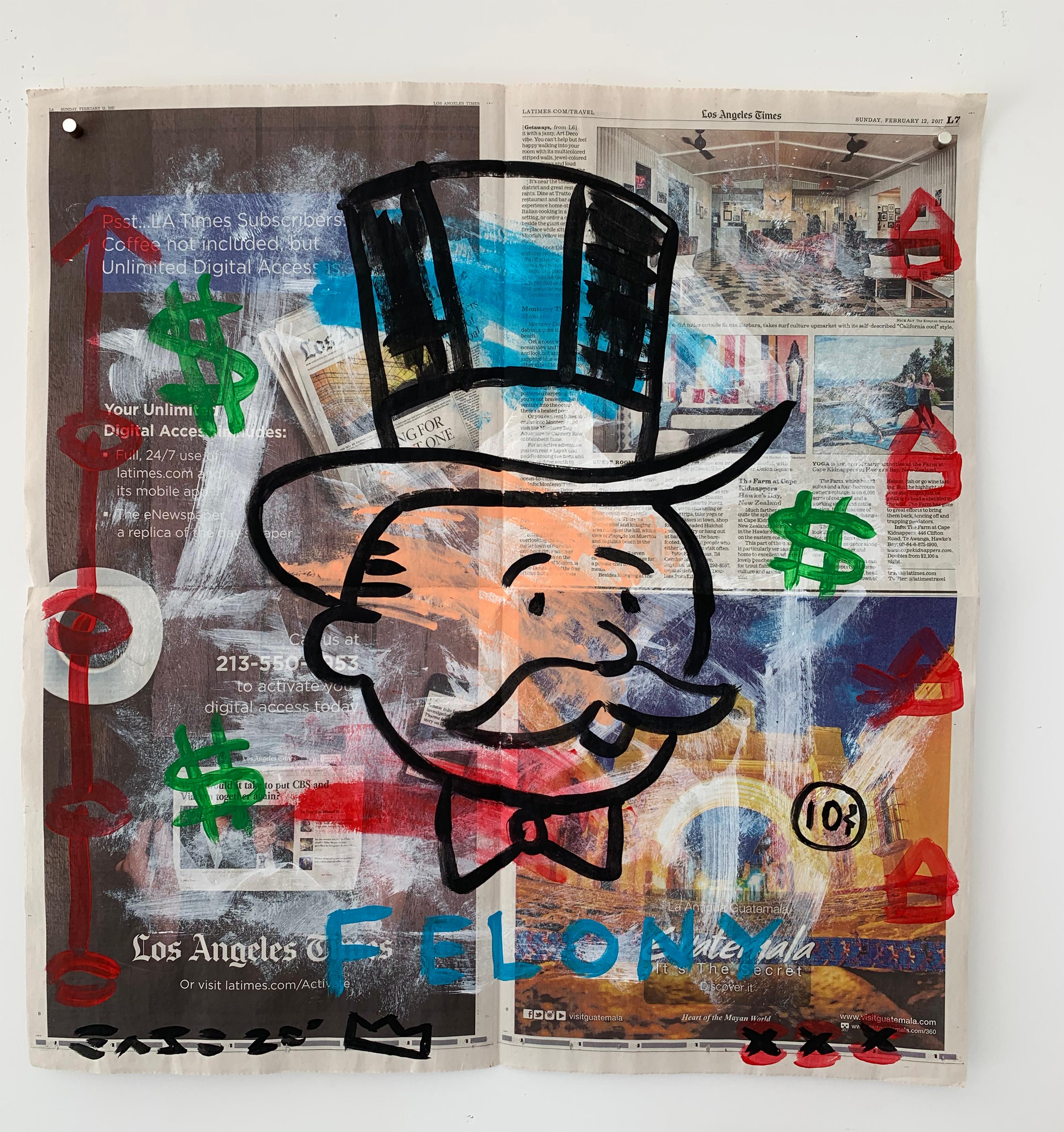 Figurative Print de Gary John - "Delito" Acrílico y collage sobre papel de periódico de Los Ángeles