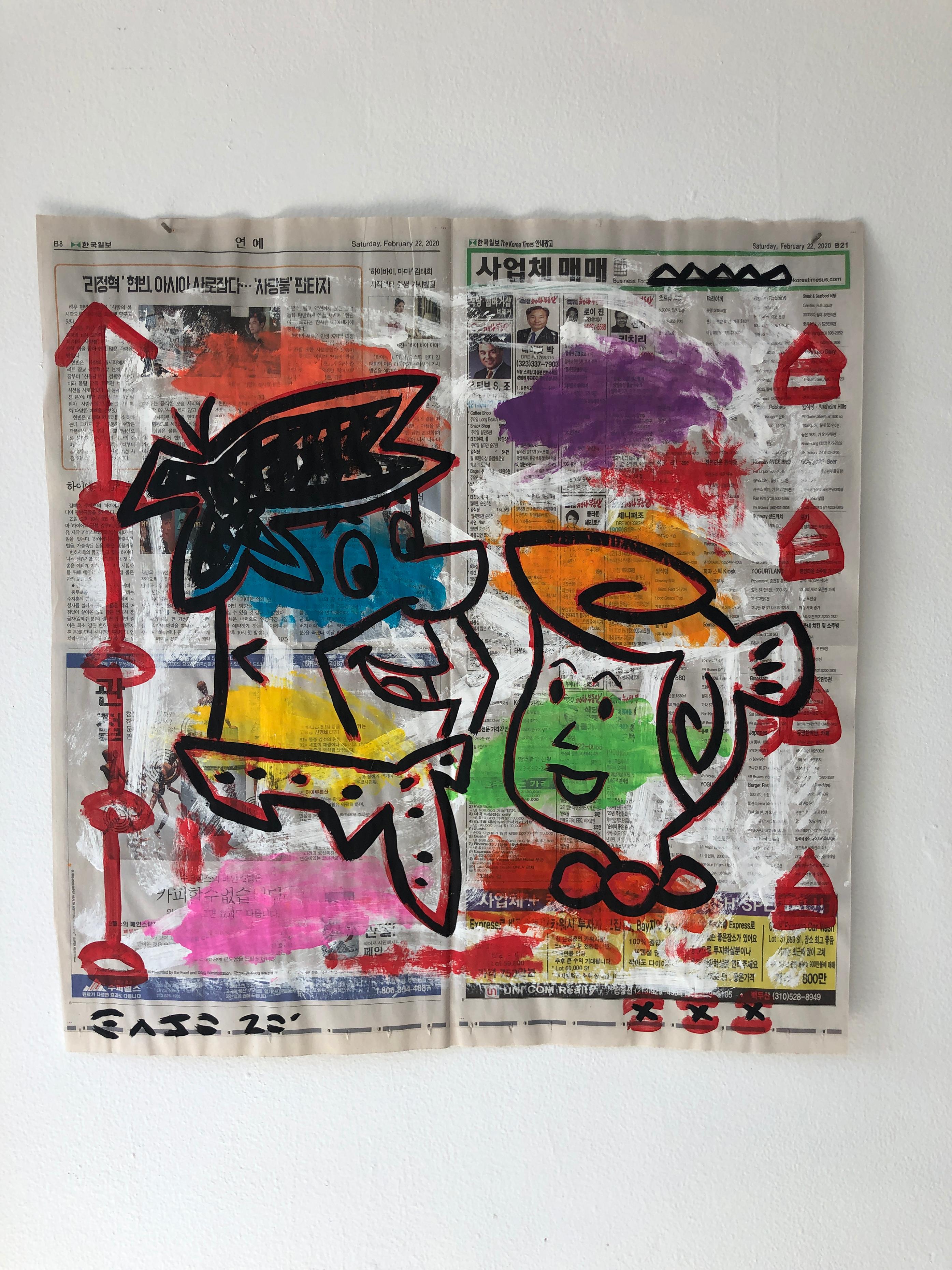 Figurative Print de Gary John - "Fred y Wilma" Acrílico y collage sobre papel de periódico coreano