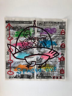 ""Jetson's Space Ship" Acryl und Collage auf Koreanischem Zeitungspapier