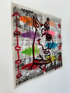 "Scooby" Acrílico y collage sobre papel de periódico coreano