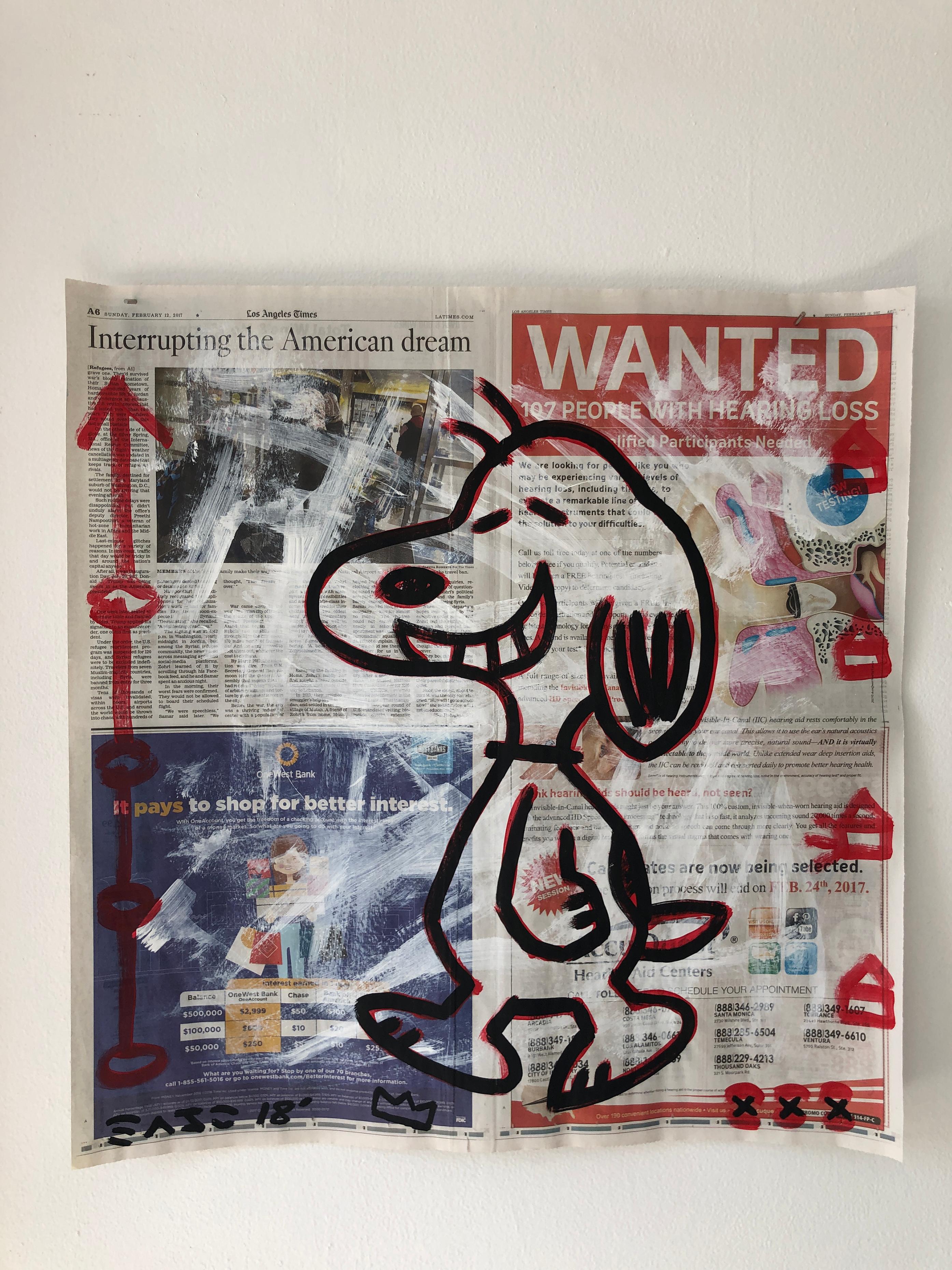 Figurative Print de Gary John - "Snoopy" Acrílico y collage sobre papel de periódico LA Times