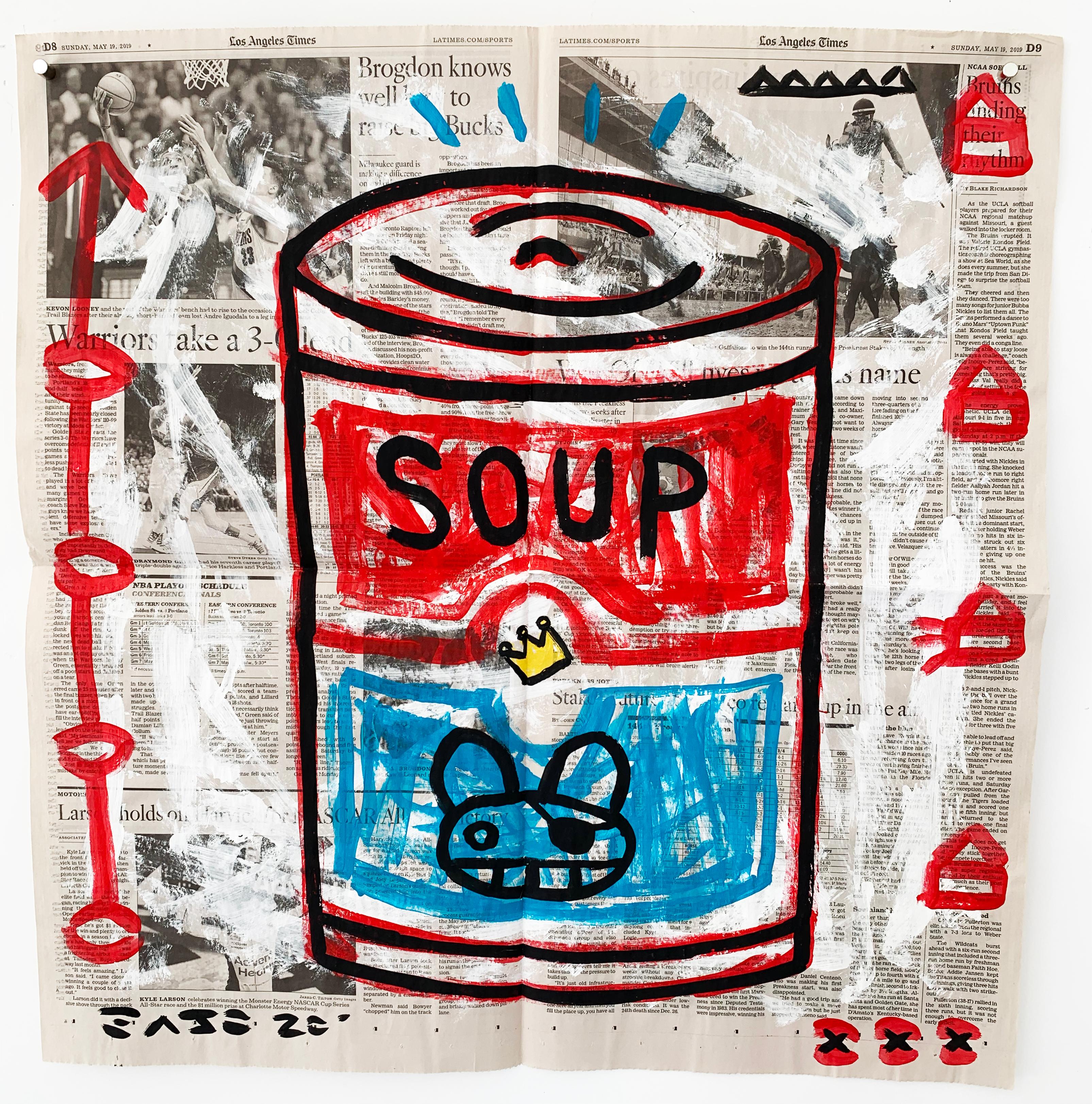 Gary John Figurative Print - "Soup Can" Acrylic and Collage on Los Angeles newsprint