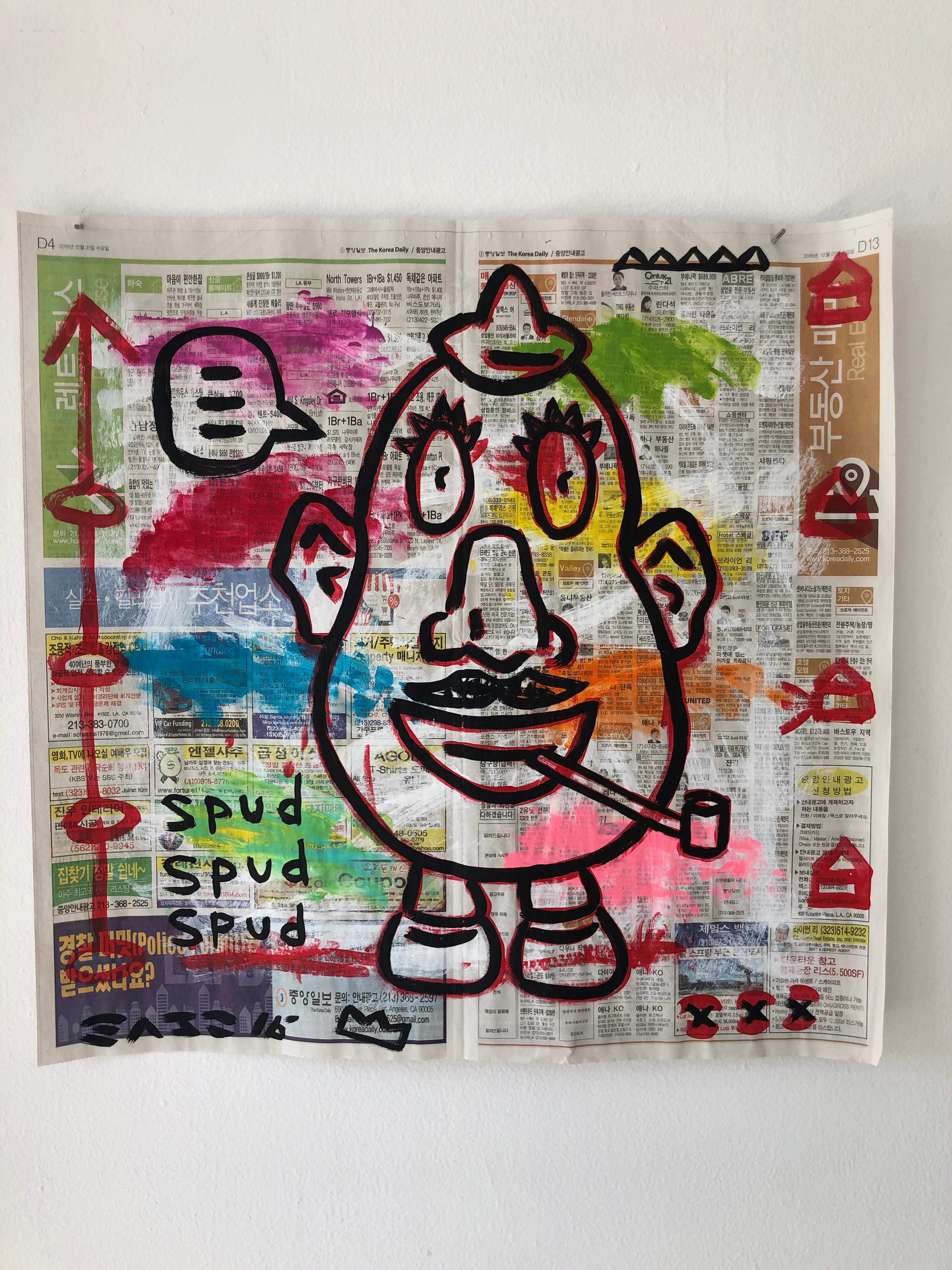 Gary John Figurative Print - "Spud" Acrylic and Collage on Korean newsprint