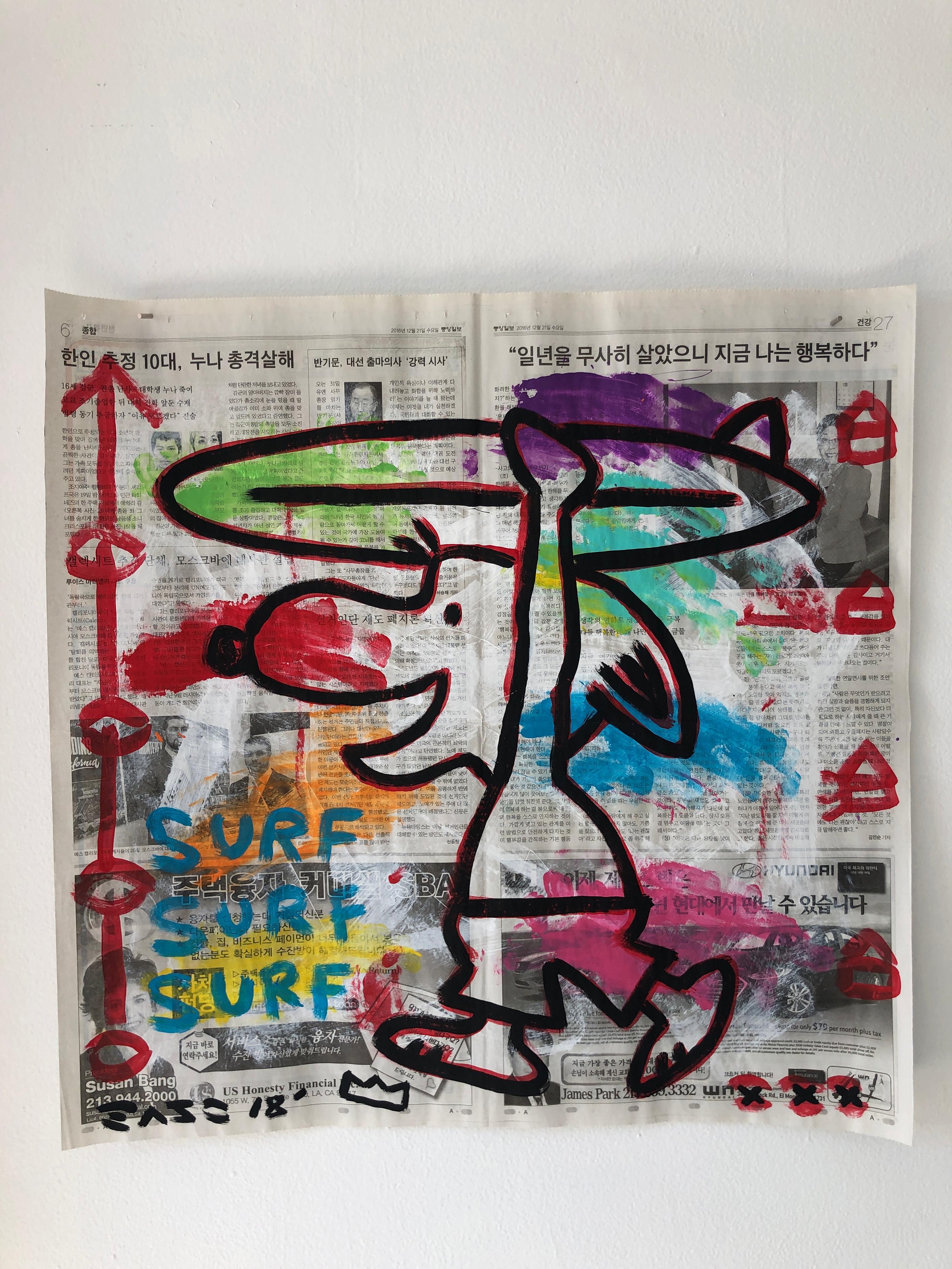 Gary John Figurative Print - "Surfing Snoopy" Acrylic and Collage on Korean newsprint