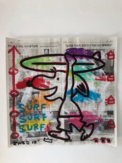 „Surfing Snoopy“ Acryl und Collage auf Koreanischem Zeitungspapier