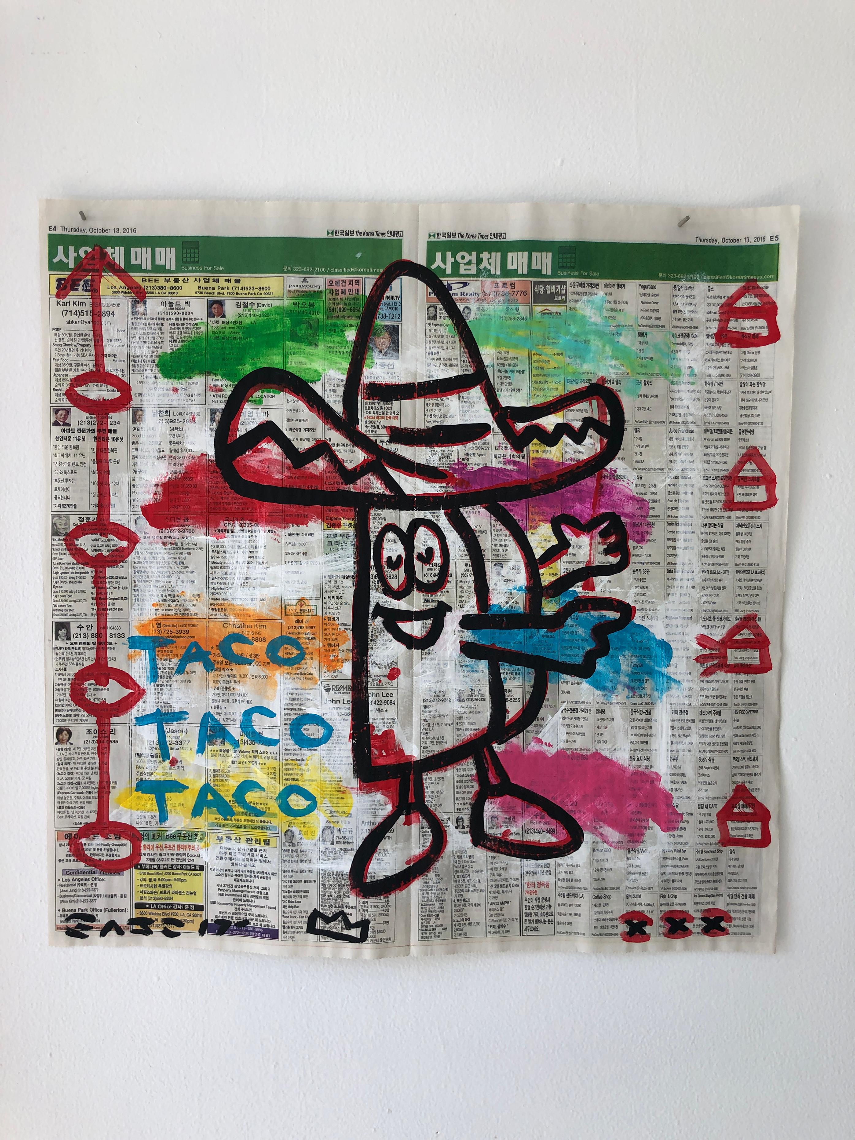Gary John Figurative Print - "Taco" Acrylic and Collage on Korean newsprint
