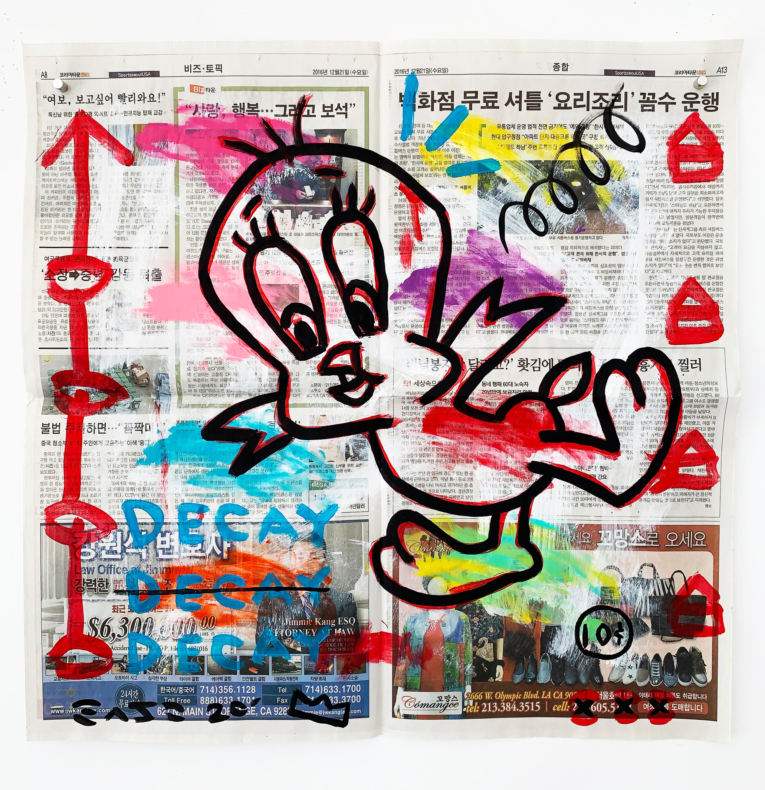 Gary John Figurative Print - "Tweety Decay" Acrylic and Collage on Korean newsprint