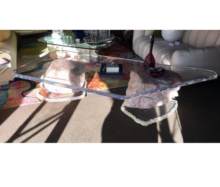 Gary Jon Custom Designed Custom Large Rose Quartz Boulders & Lucite Coffee Table 5