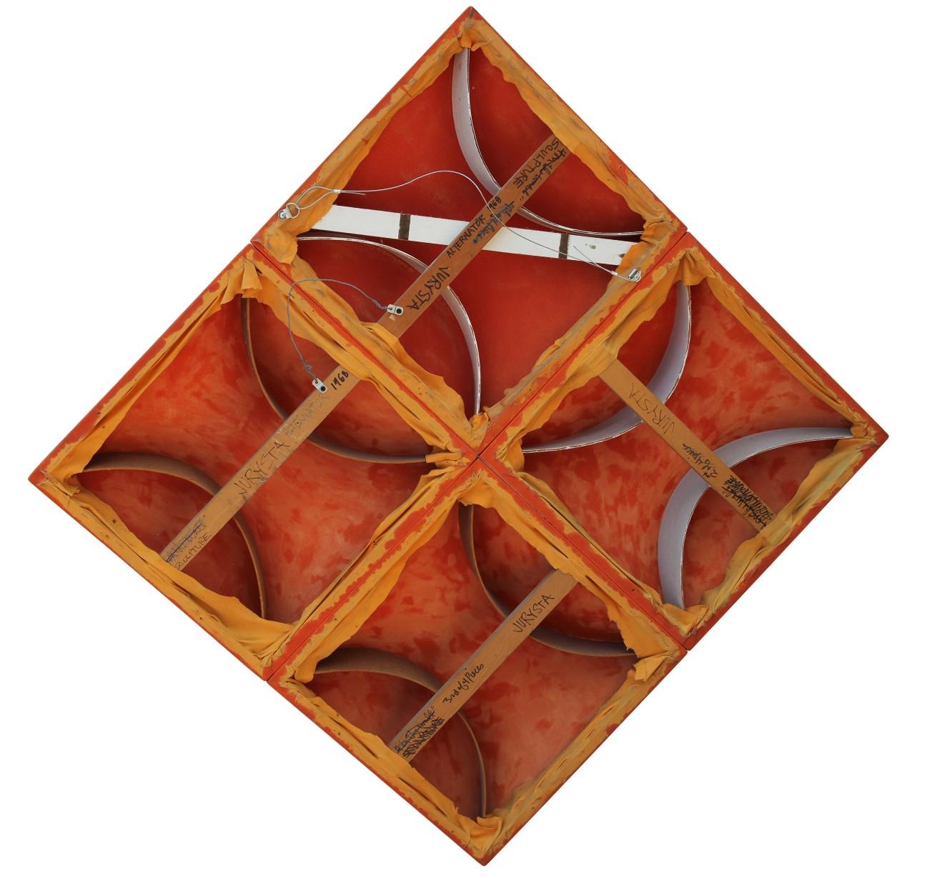 Square orange geometric wall sculpture with concave shapes. Each individual square is a different structure that was attached to create the entire work. The artist signed, titled, and dated the back of the sculpture.

Artist Biography: 
Gary Jurysta