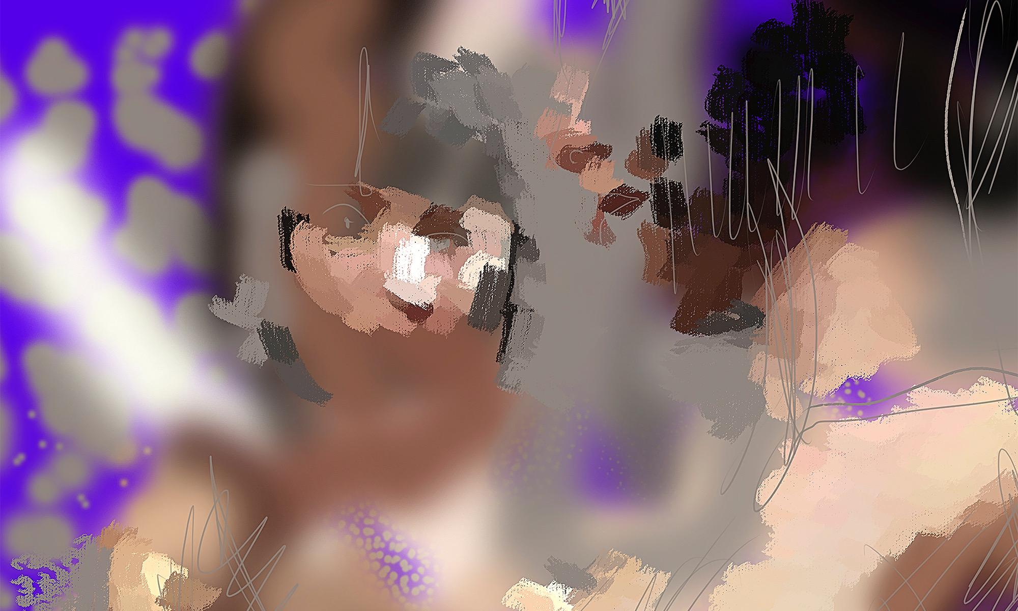 Numerical Chemistry,  digital painting of nude female figures, abstracted purple - Painting by Gary Kaleda