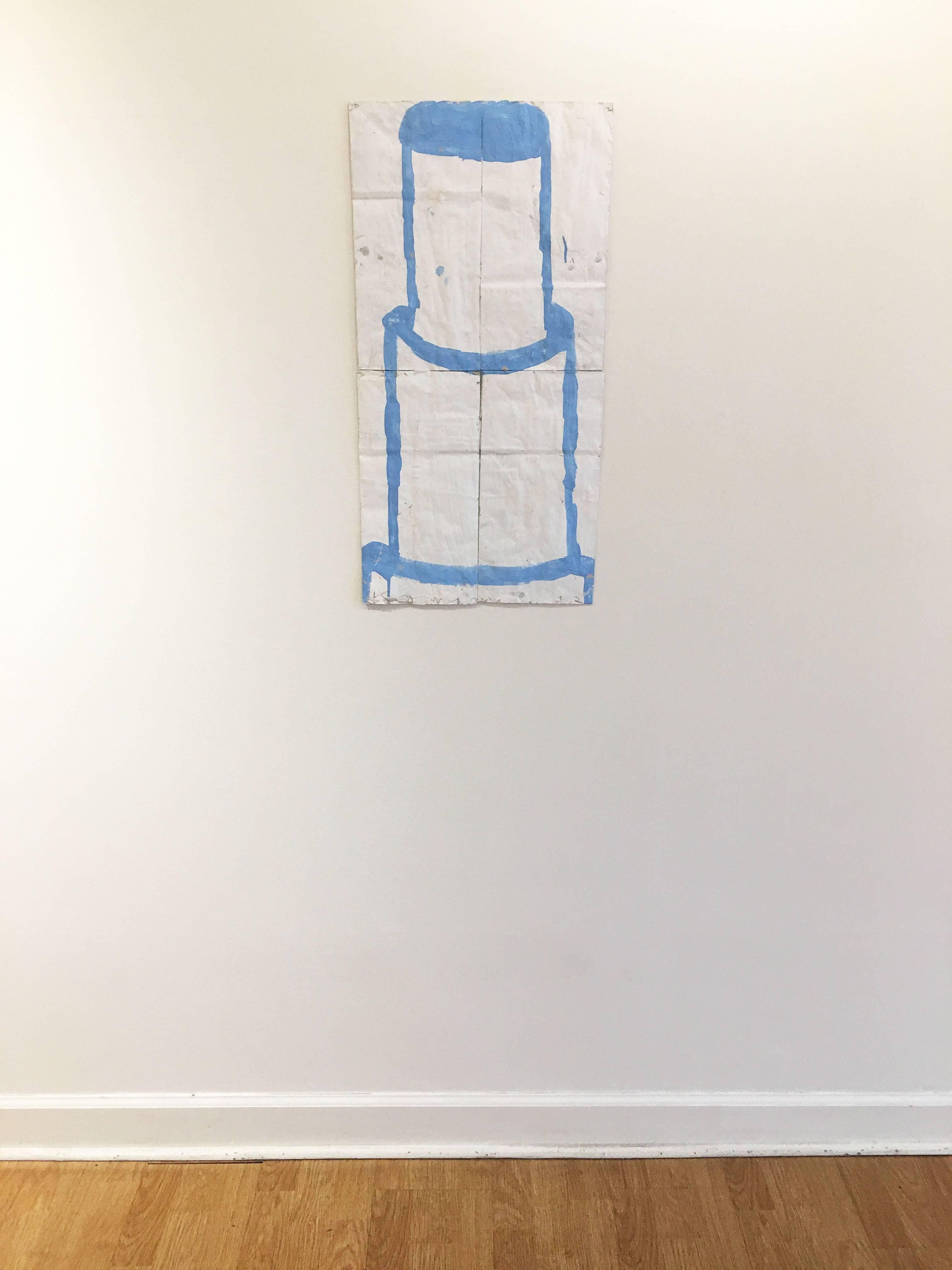 'Cake (light blue)' by contemporary artist, Gary Komarin, 2015. Acrylic on paper bags, 27.5 x 14 inches. The faux naive style painting of a outlined, three tier cake in light blue is on a white background. 

Born in 1951 in New York City, Gary
