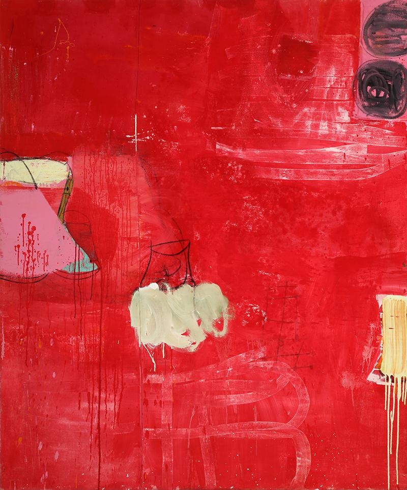 Gary Komarin Abstract Painting - Rue Madam In Red, Xoclina 