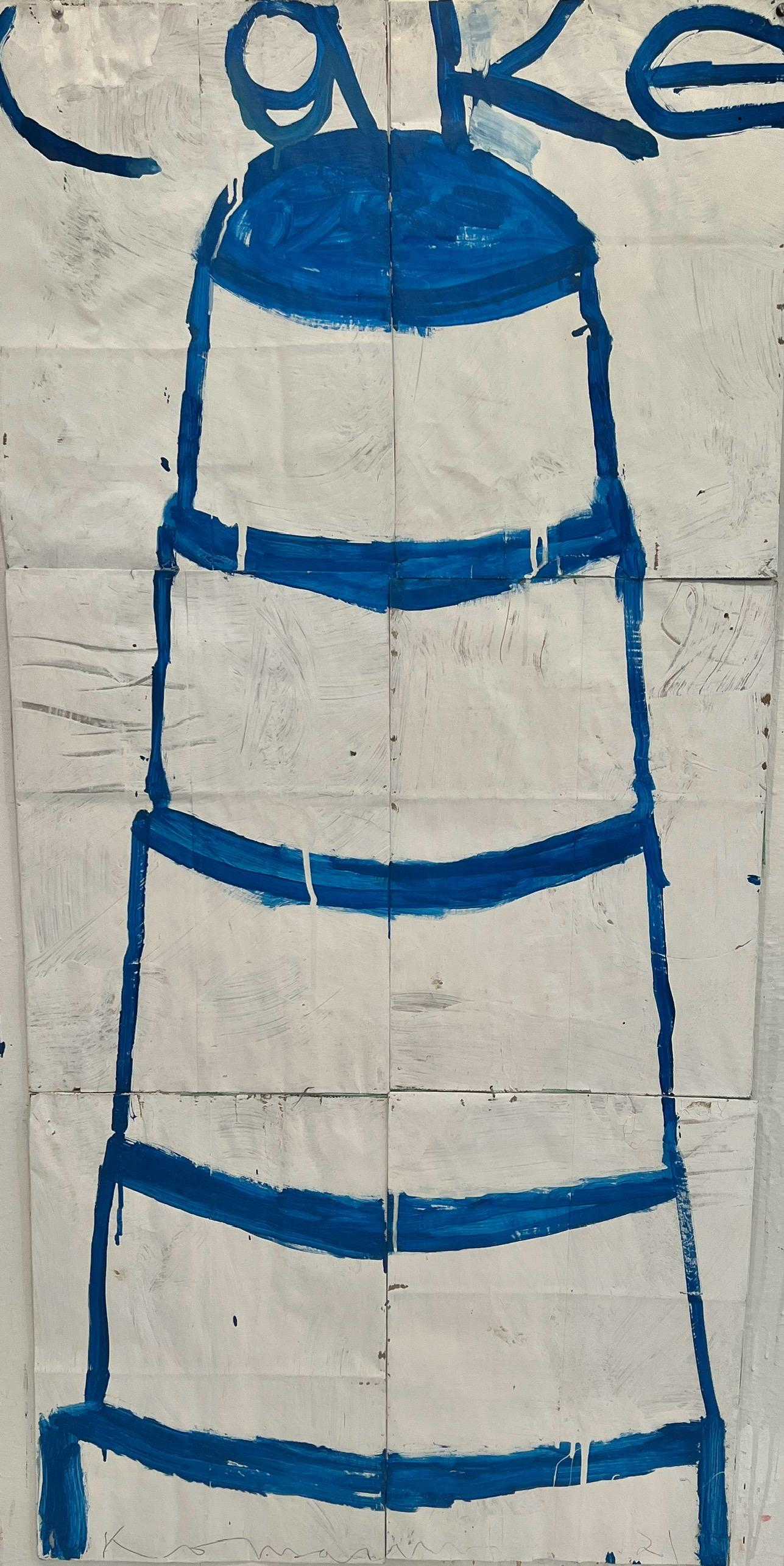 Gary Komarin Still-Life Painting – Stacked Cakes, Blau auf Weiß (5 Schichten)