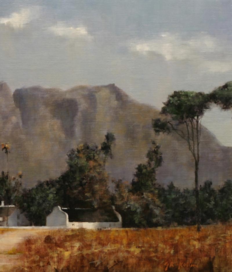 Franschhoek-Vineyard, Südafrika – Öl-Landschaftsgemälde (Grau), Landscape Painting, von Gary Korlin