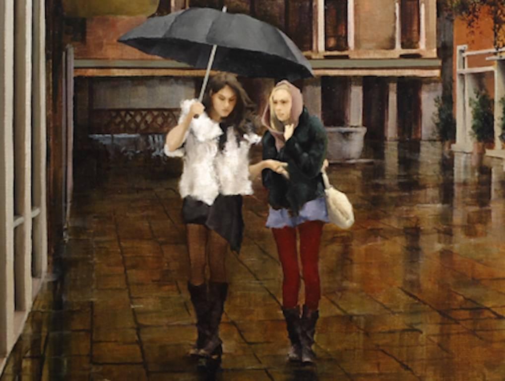Venetian Rain, Oil Cityscape Painting - Brown Landscape Painting by Gary Korlin