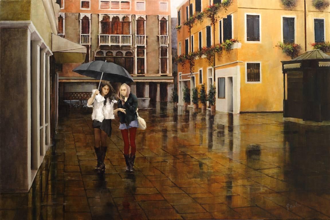 Gary Korlin Landscape Painting - Venetian Rain, Oil Cityscape Painting