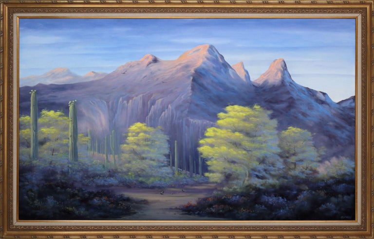 Untitled Landscape, an original oil on canvas by Gary Kremen, is a piece for the true collector. Kremen's fine attention to detail is evident here, depicting a desert landscape set beneath vast mountains, complete with cactus and wildlife in the