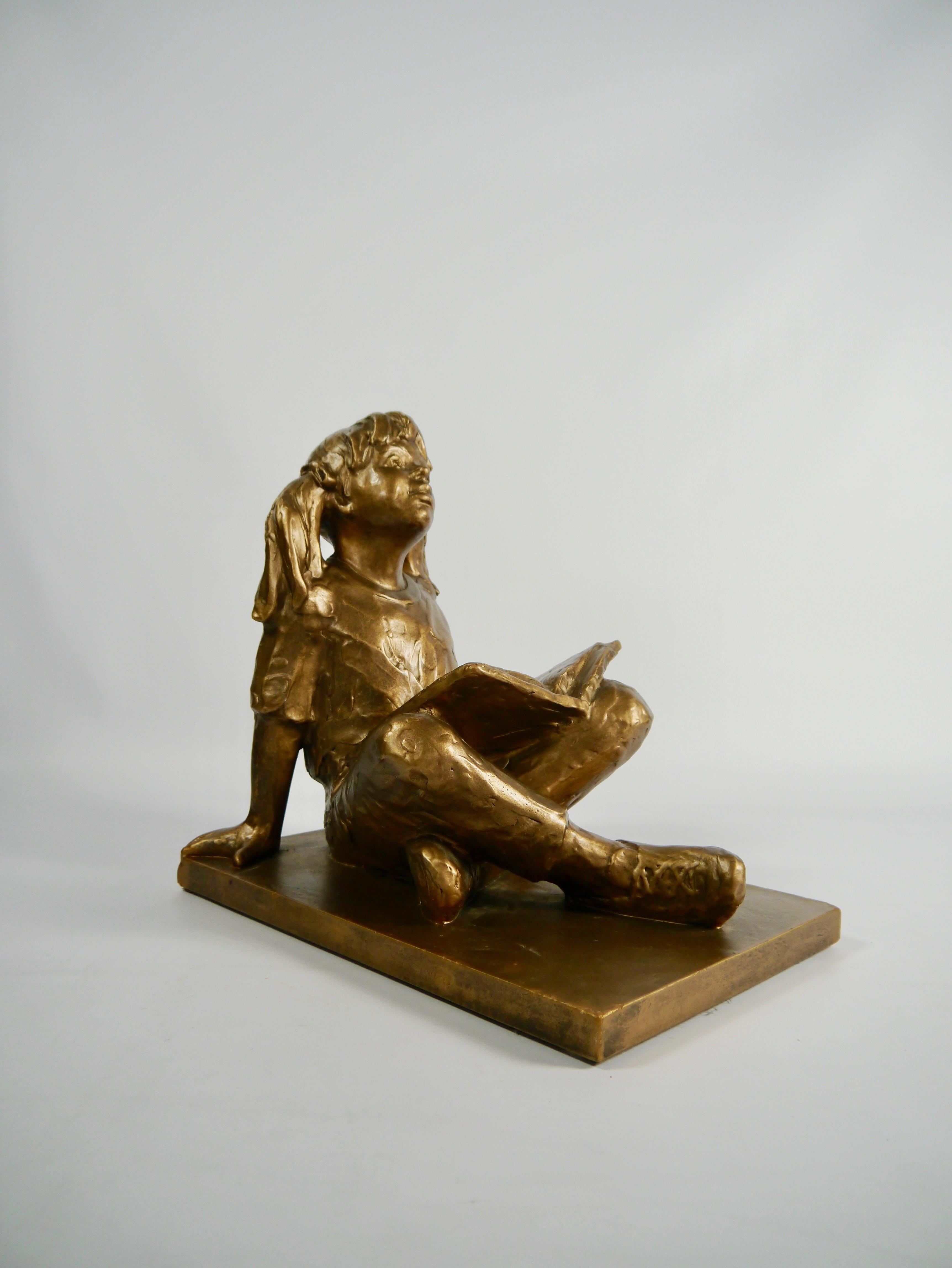 Bronze sculpture made by American sculptor Gary Lee Price, depicting a ponytailed girl reading book, celebrating the act of immersing yourself in literature.