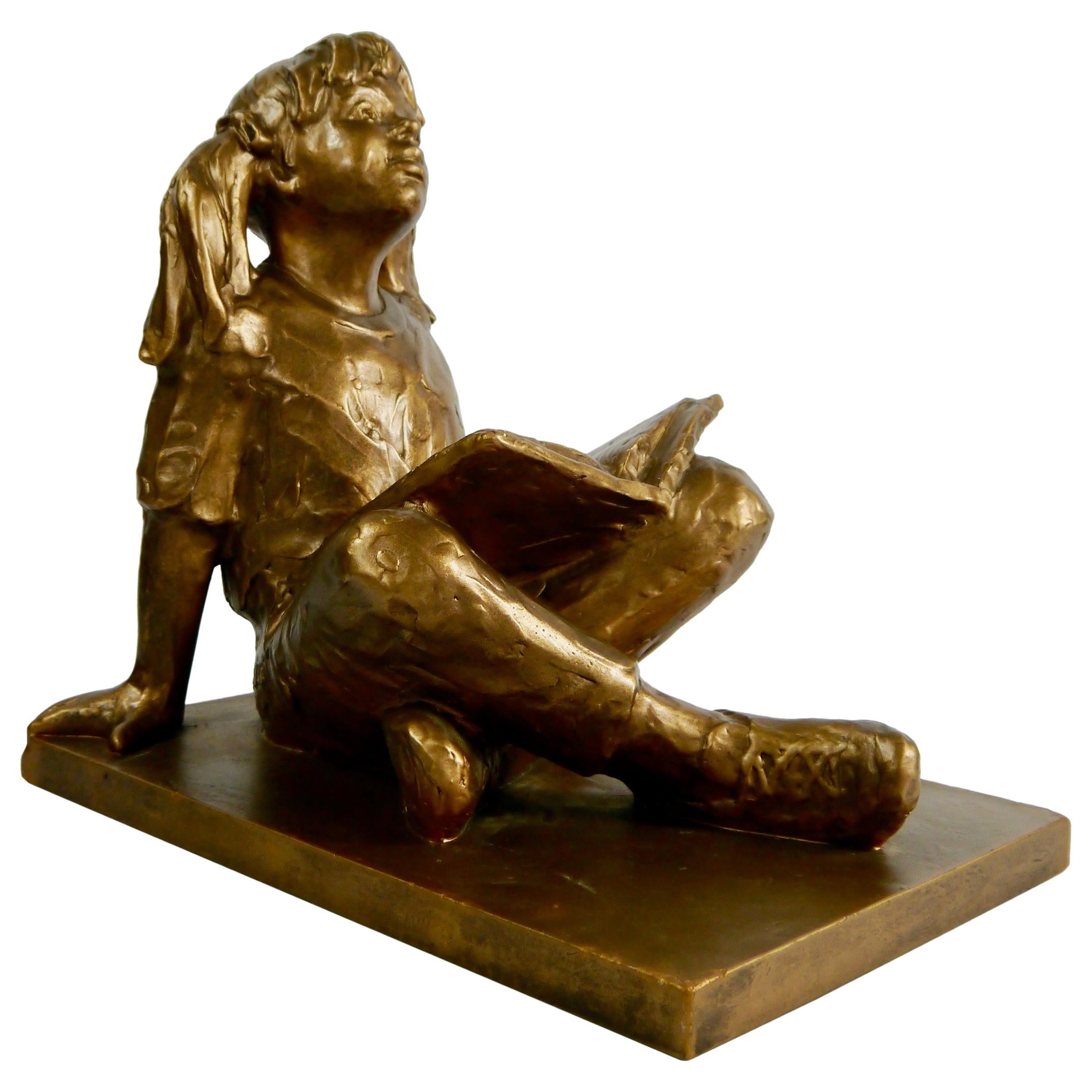 Gary Lee Price Bronze Reading Ponytail Girl Sculpture, from "Story Time" Series