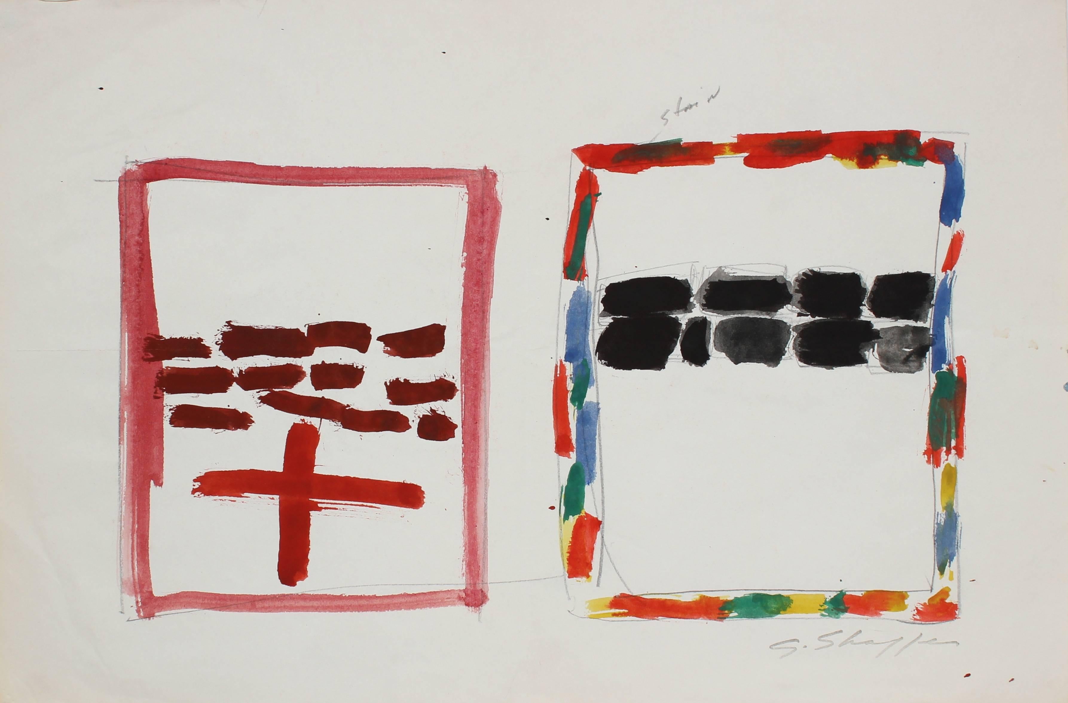 Bright Abstracted Squares in Gouache Paint, Circa 1970