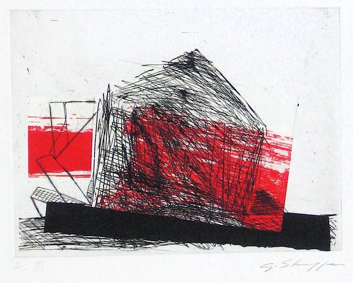 Abstracted Duel Image 1989 Red and Black Litho & Chine Colle - Print by Gary Lee Shaffer