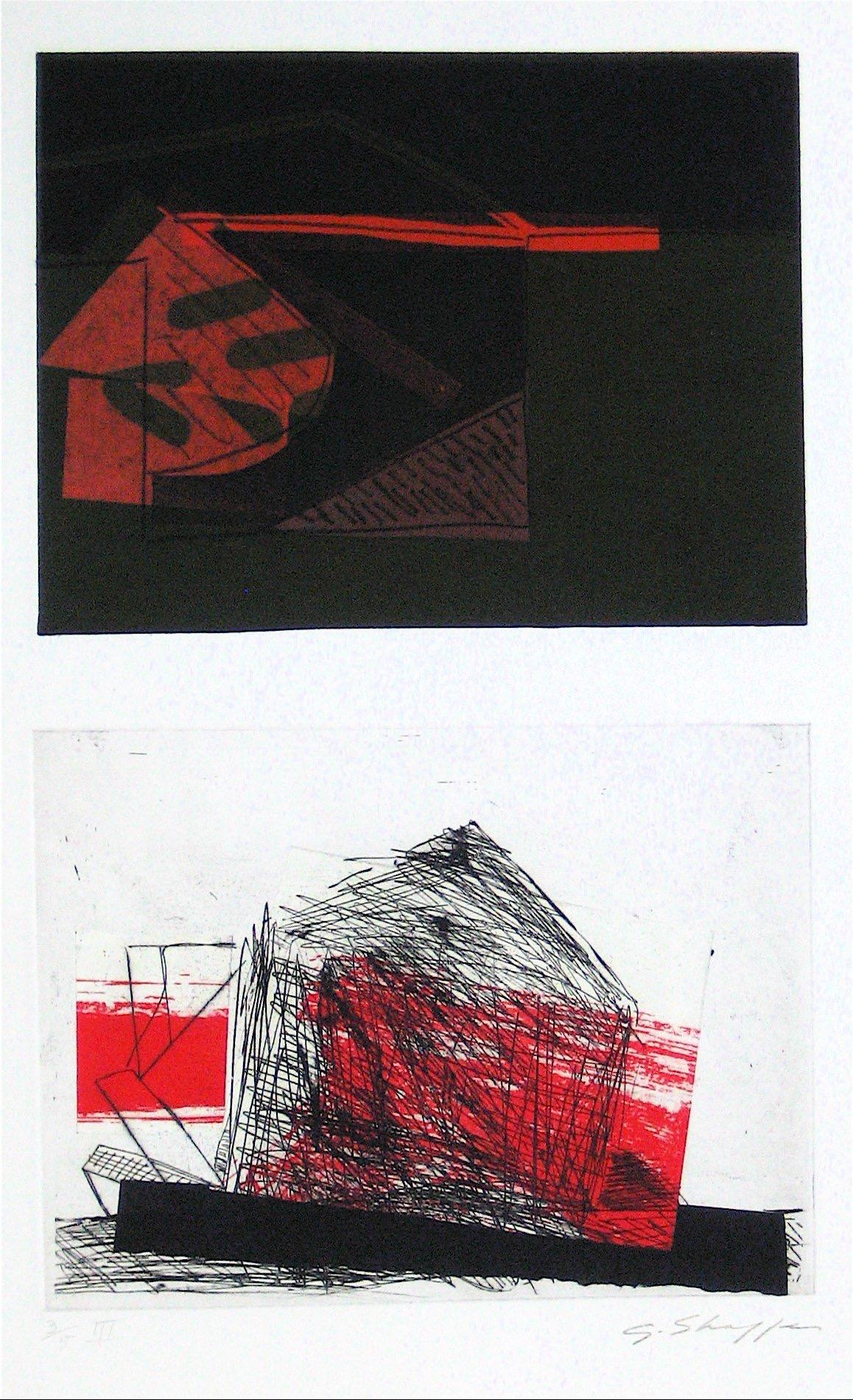 Gary Lee Shaffer Abstract Print - Abstracted Duel Image 1989 Red and Black Litho & Chine Colle