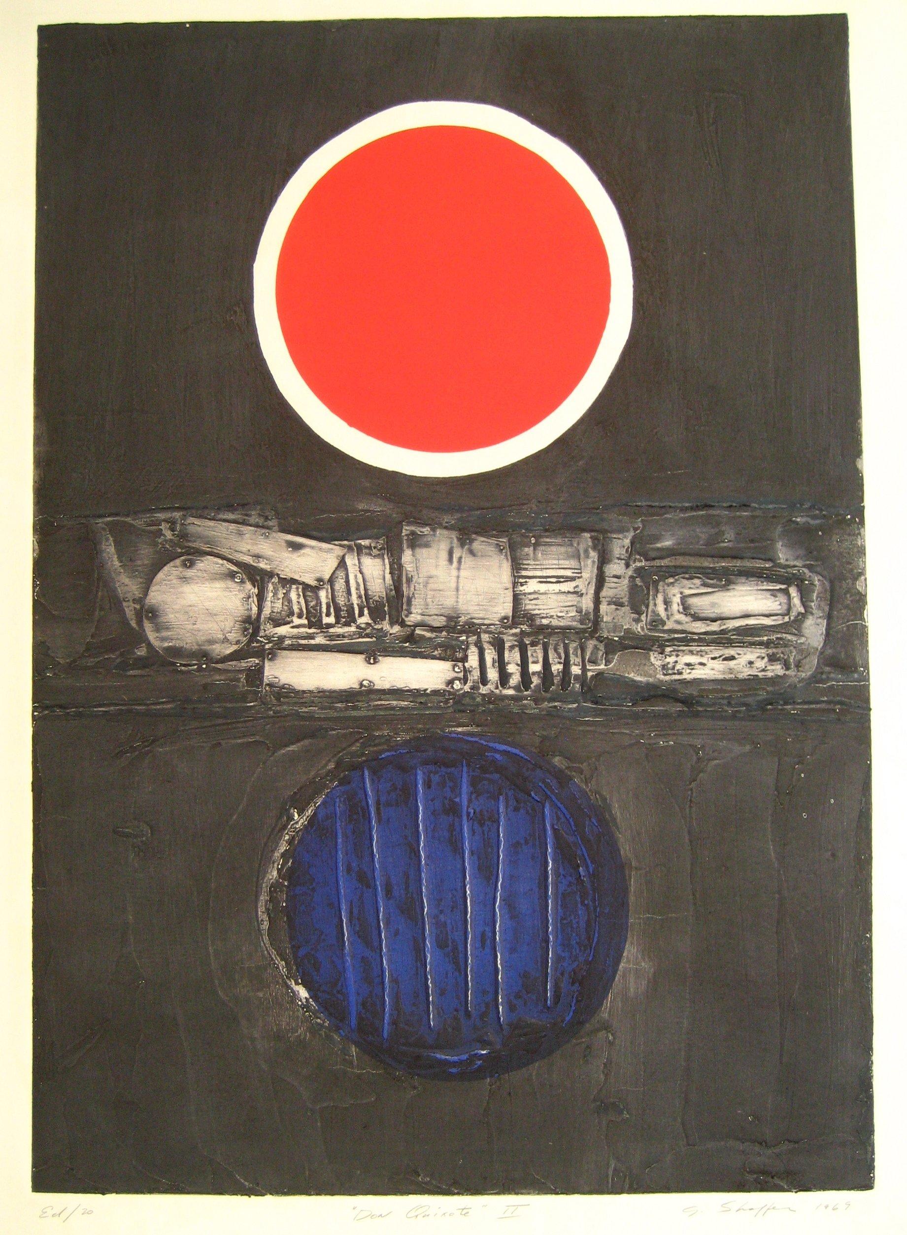 Gary Lee Shaffer Abstract Print - "Don Quixote II" 1969 Collograph in Red and Blue
