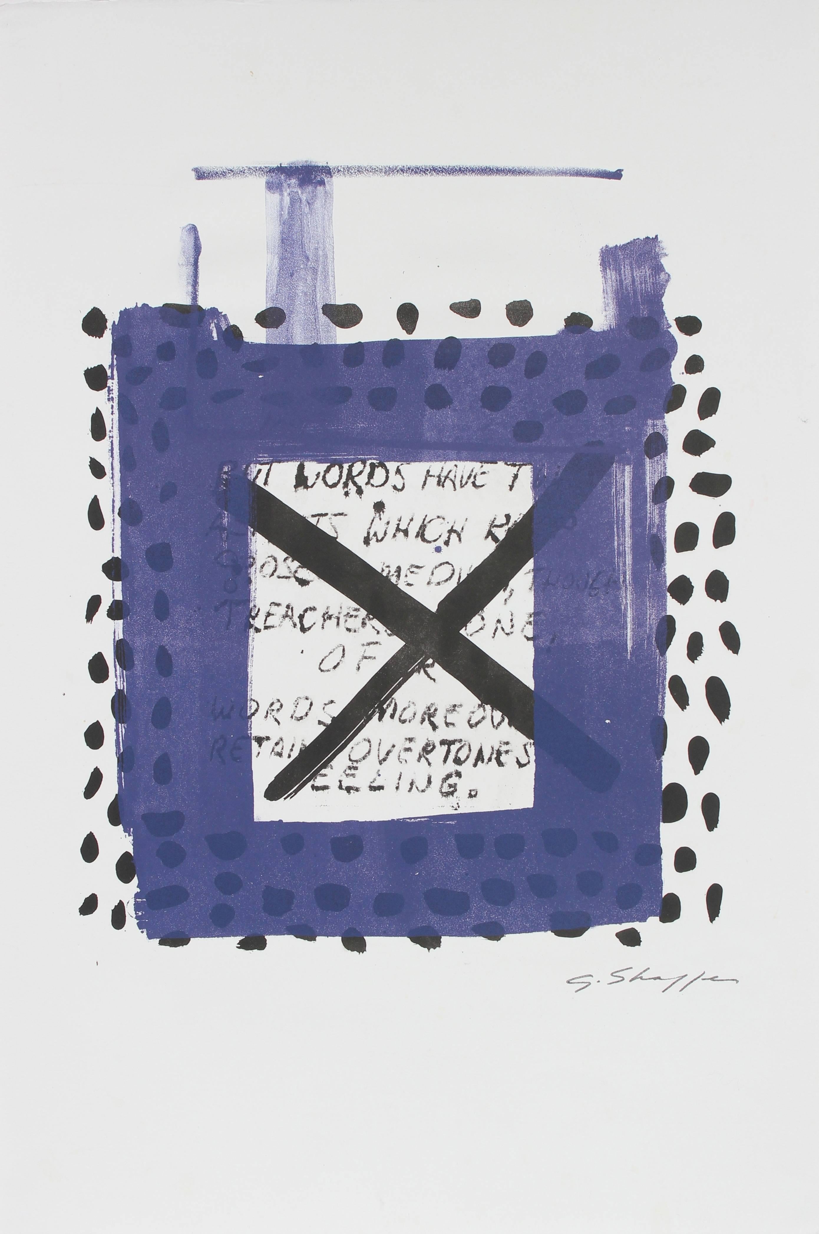 Gary Lee Shaffer Abstract Print - Square Abstract Lithograph in Indigo with Polka Dots and Text, 1999