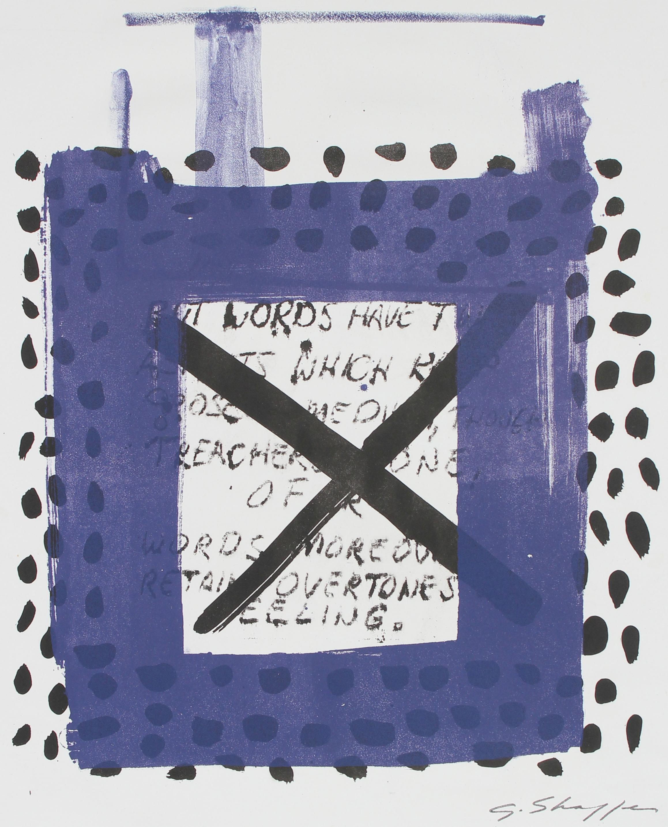 Square Abstract Lithograph in Indigo with Polka Dots and Text, 1999 - Print by Gary Lee Shaffer