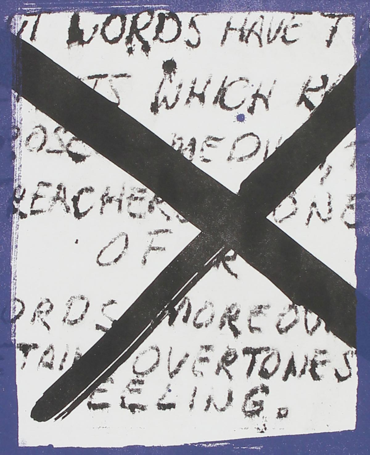 Square Abstract Lithograph in Indigo with Polka Dots and Text, 1999 - Gray Abstract Print by Gary Lee Shaffer
