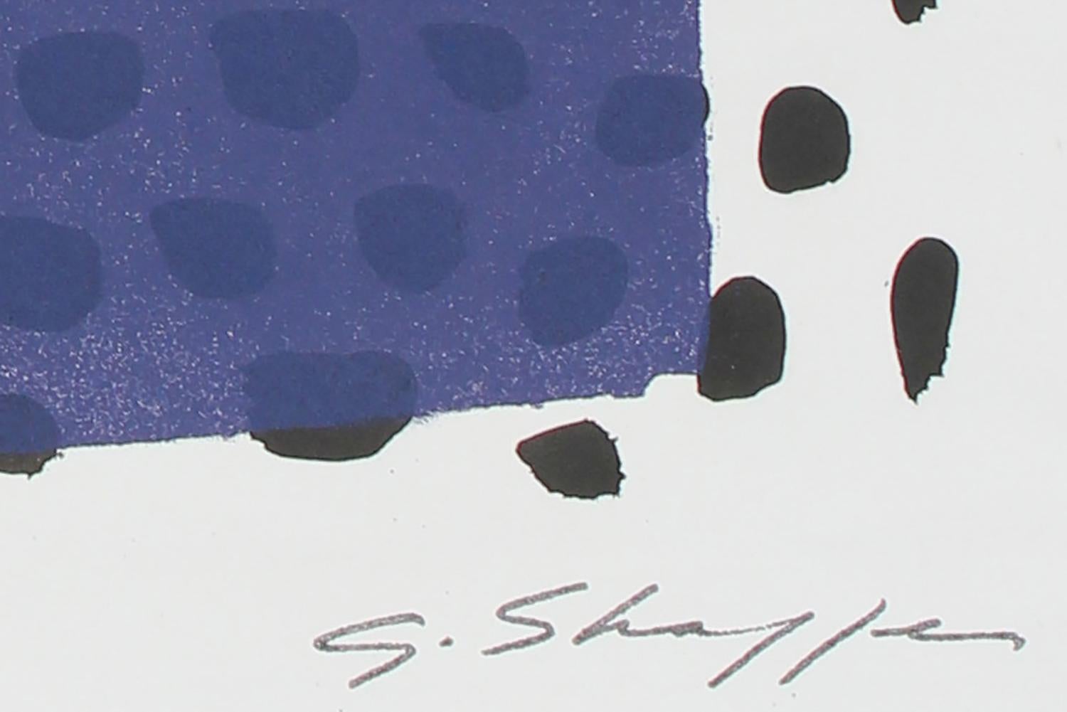 This late 20th century lithograph on paper with a blue square and black details is by New York/San Francisco Abstract Expressionist artist Gary Lee Shaffer (1936-2001). Shaffer trained with Hans Hofmann in the late 1950s and became an influential