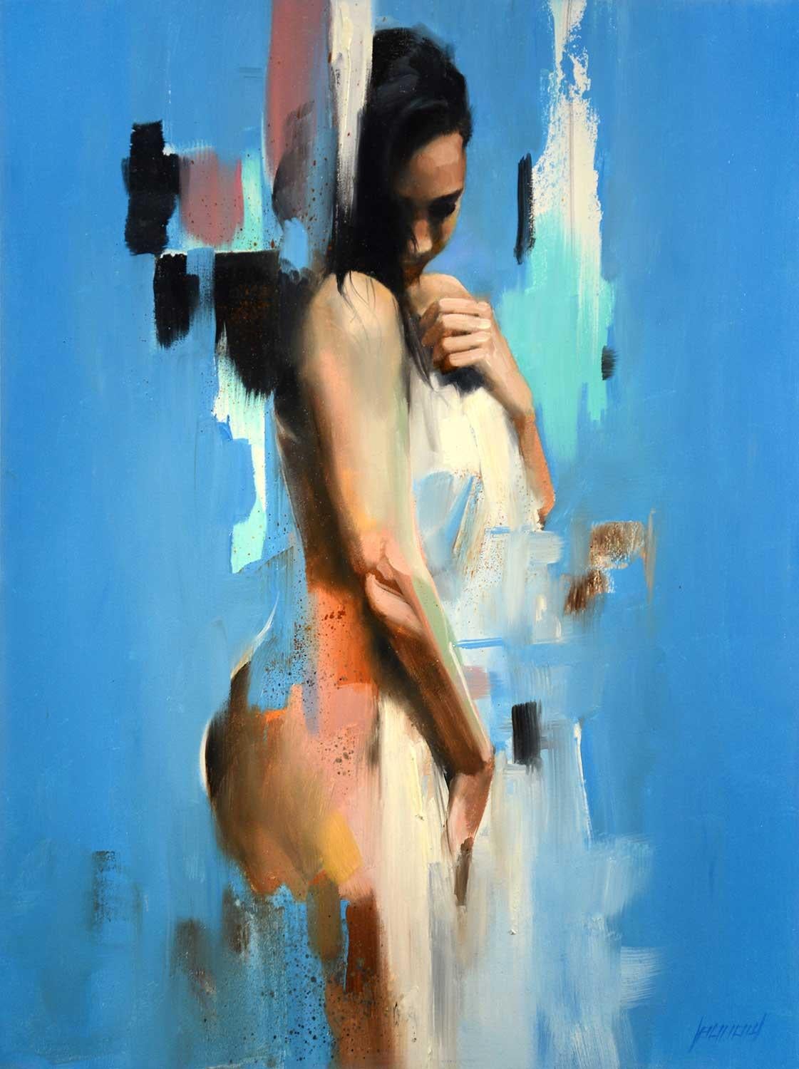Abstract Painting Gary Leonard - Peinture à l'huile abstraite - Émeraude bleue