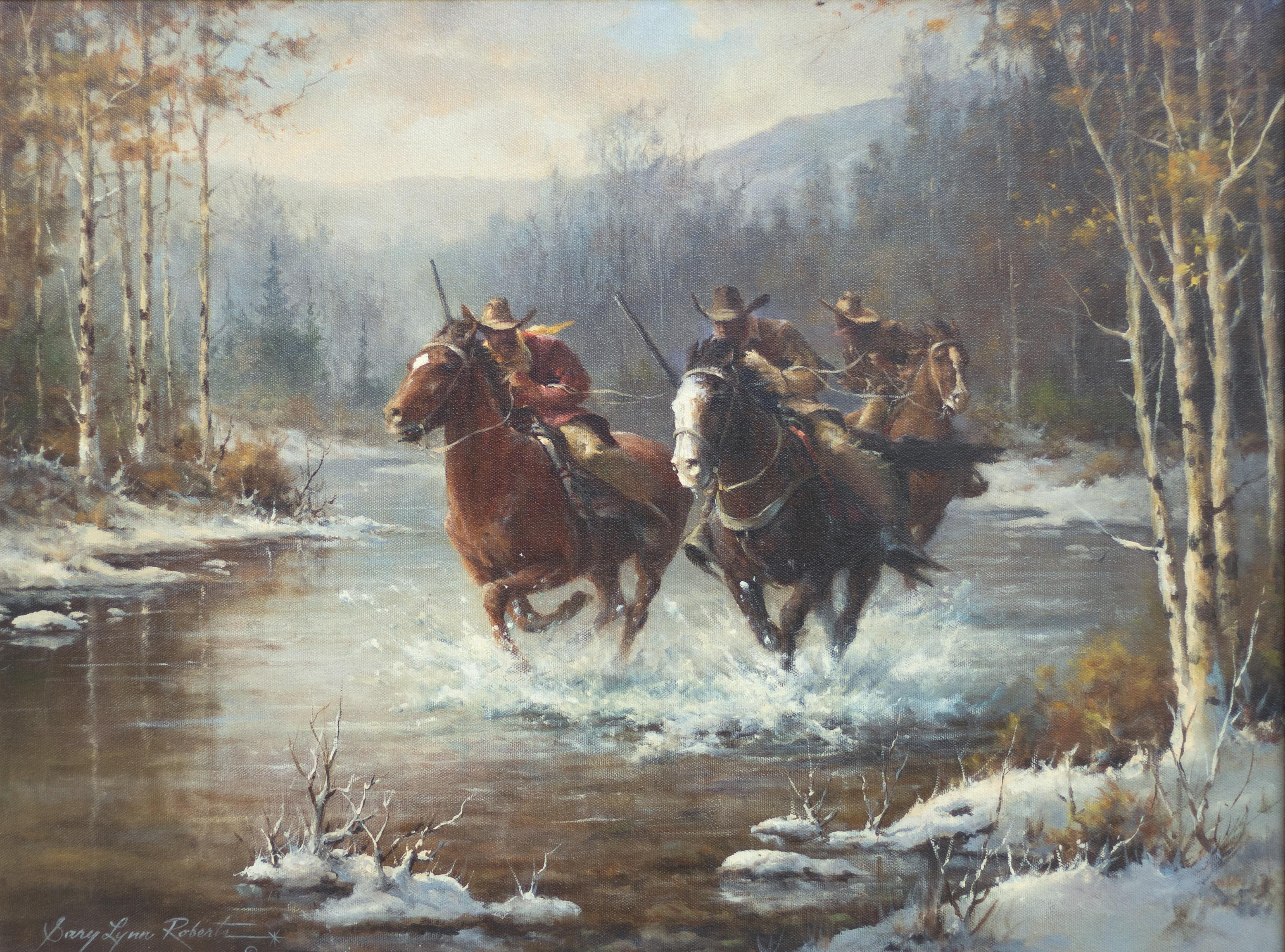 Animal Painting de Gary Lynn Roberts - "Jinetes en un arroyo" Pieza del Romanticismo del Oeste con vaqueros