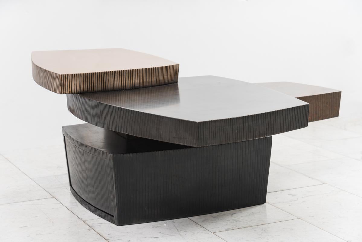 Blackened Gary Magakis, Bronze and Steel Stacked Low Table with Drawer, USA For Sale
