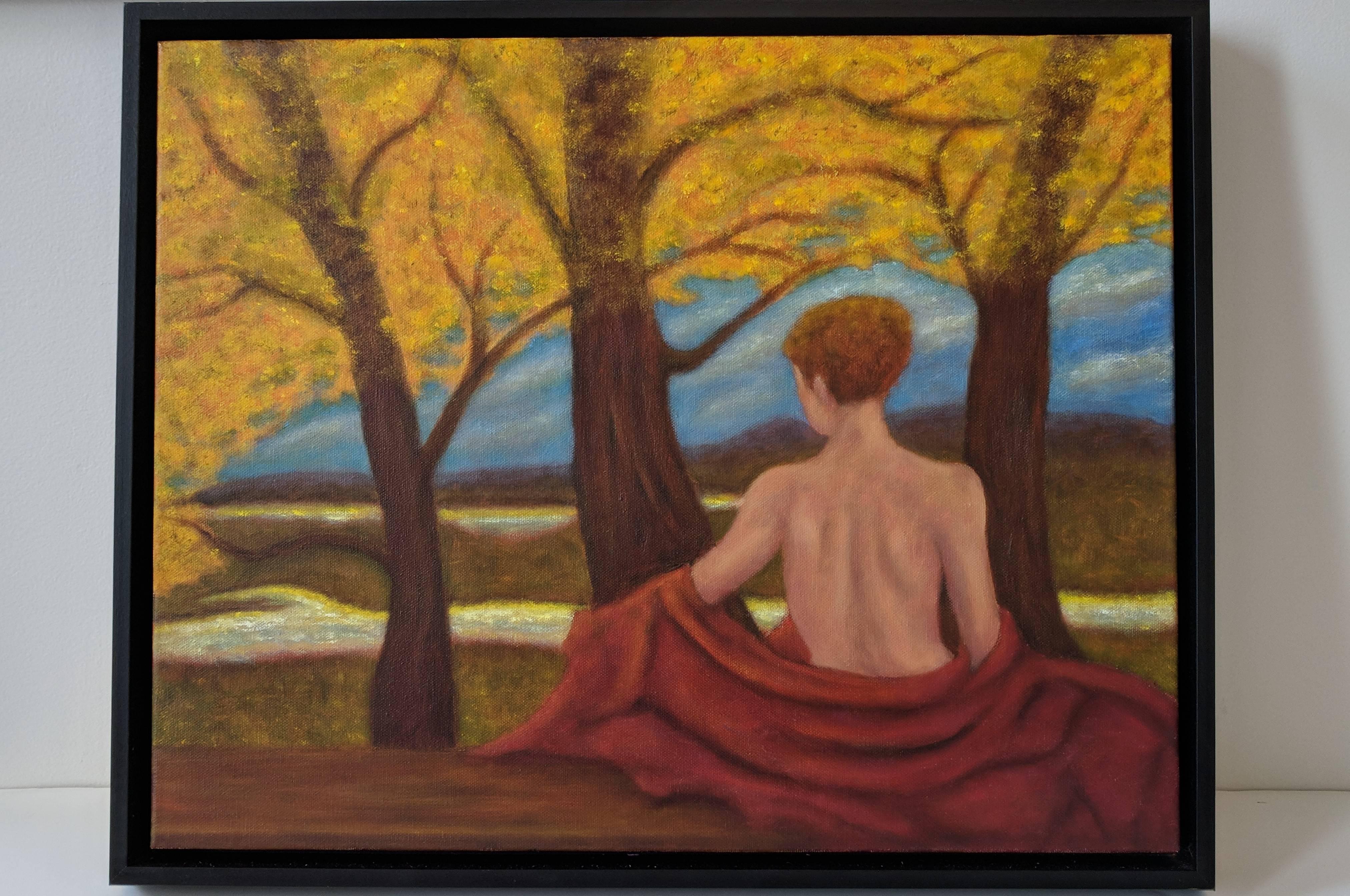 This oil on canvas features a solitary figure sitting quietly amidst the 