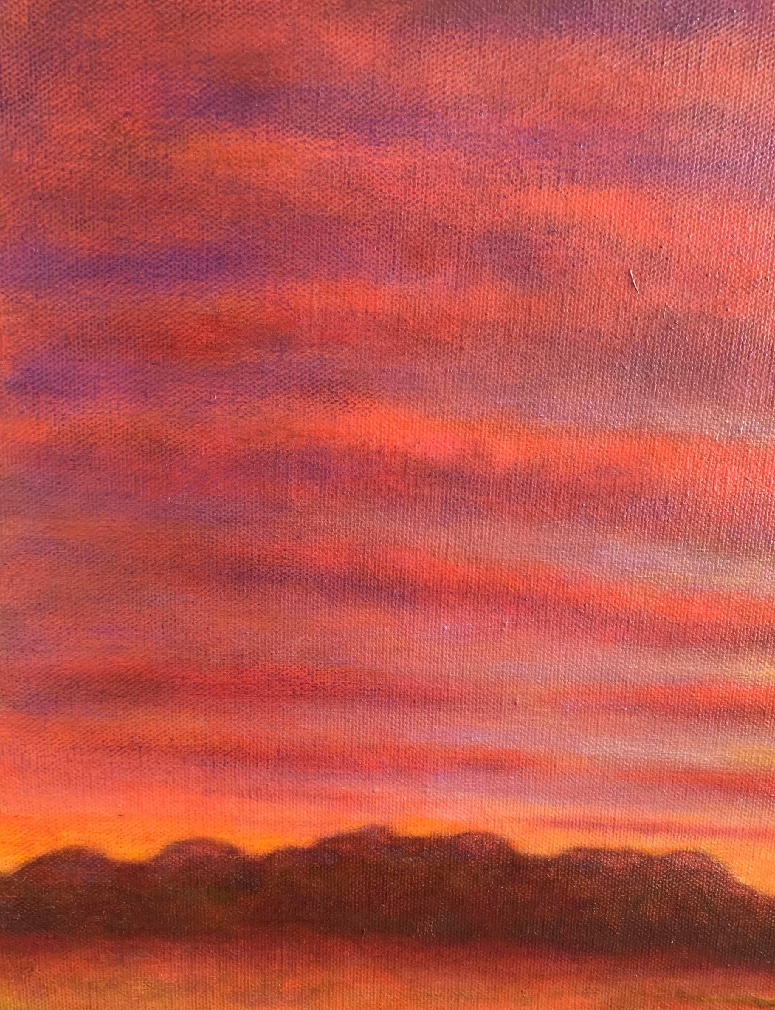 This oil on canvas painting has a striking red-orange landscape. The composition is focused mostly on the sky, giving a peek at the land below, with small blue bodies of water carving it. The expansive and creamy stratus clouds in the sky capture