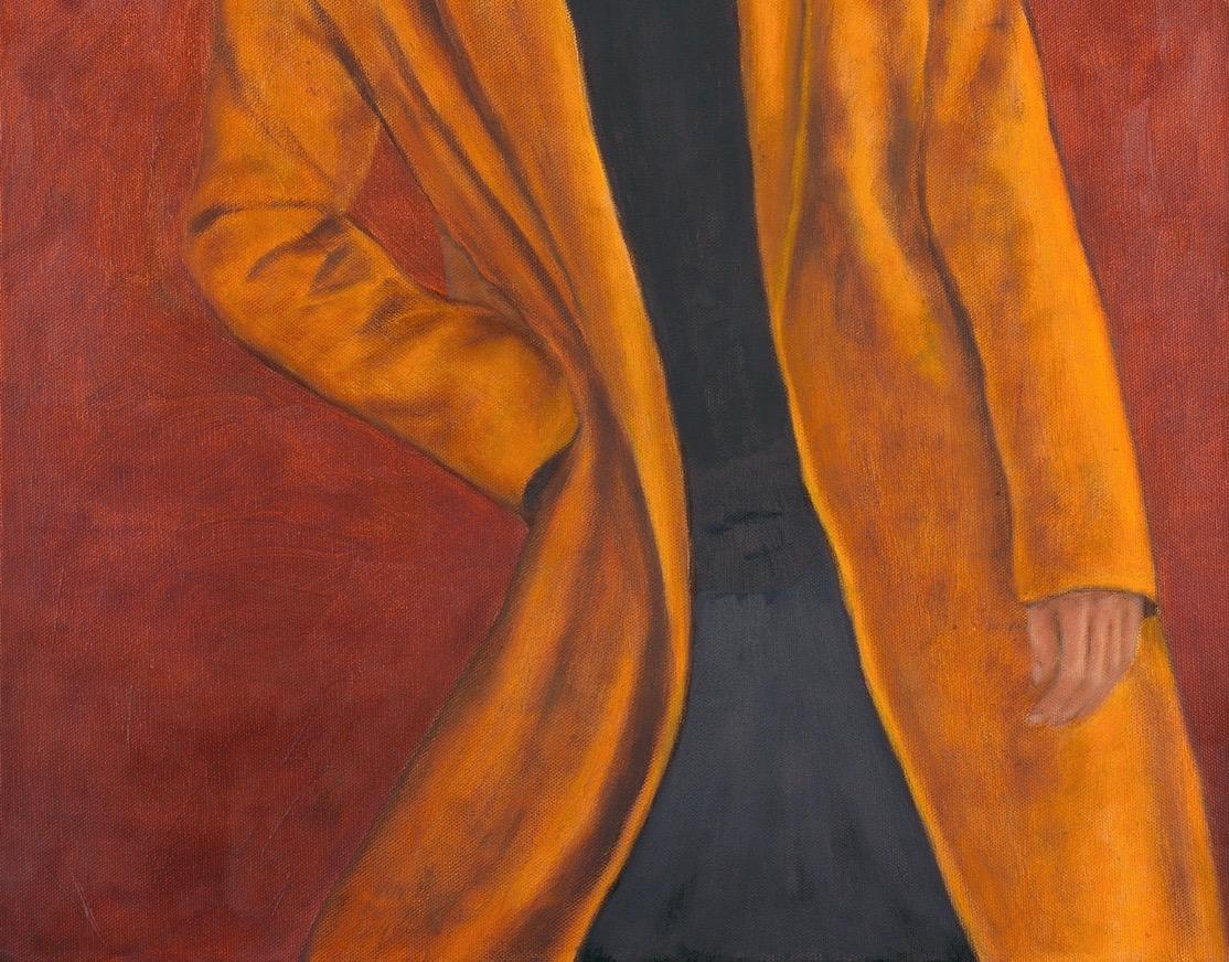 In this oil on canvas painting, the cadmium yellow coat of a woman in an angled pose contrasts with a red over copper underpainting, creating an atmospheric background. A gold moon behind her head evokes a halo and imparts to the viewer that she is