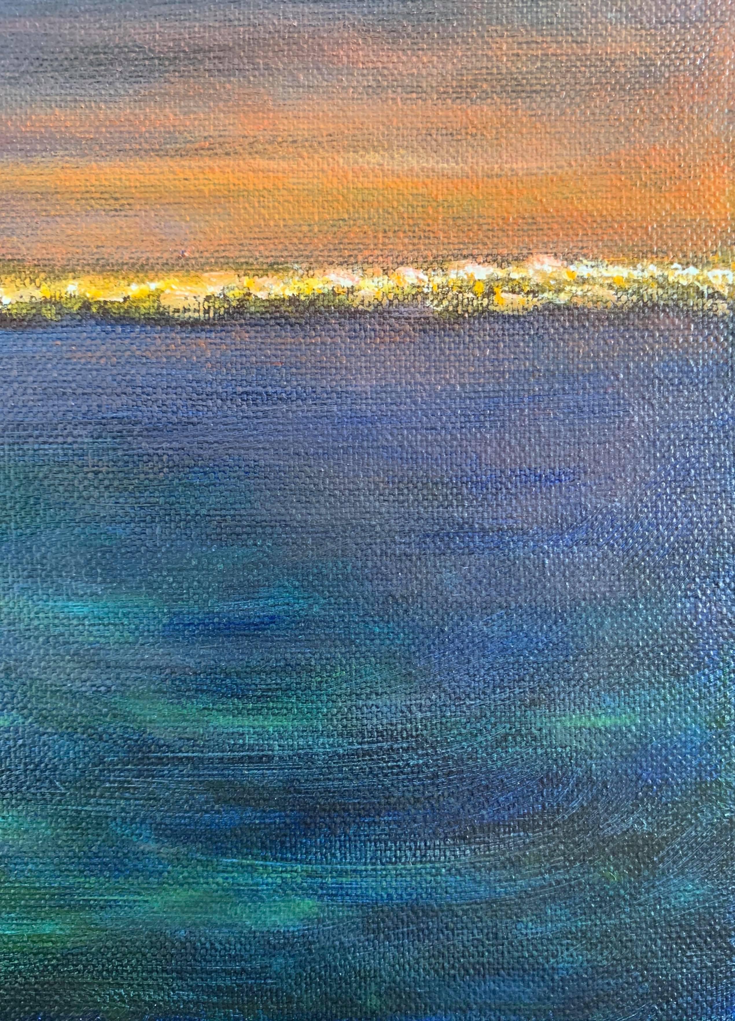 In this oil on canvas painting, the horizon shows where the breaking waves and sunset appear to meet. A small strip of land appears most noticeably on the left, darker than the shimmering horizon. The painting has cerulean, ultramarine, and