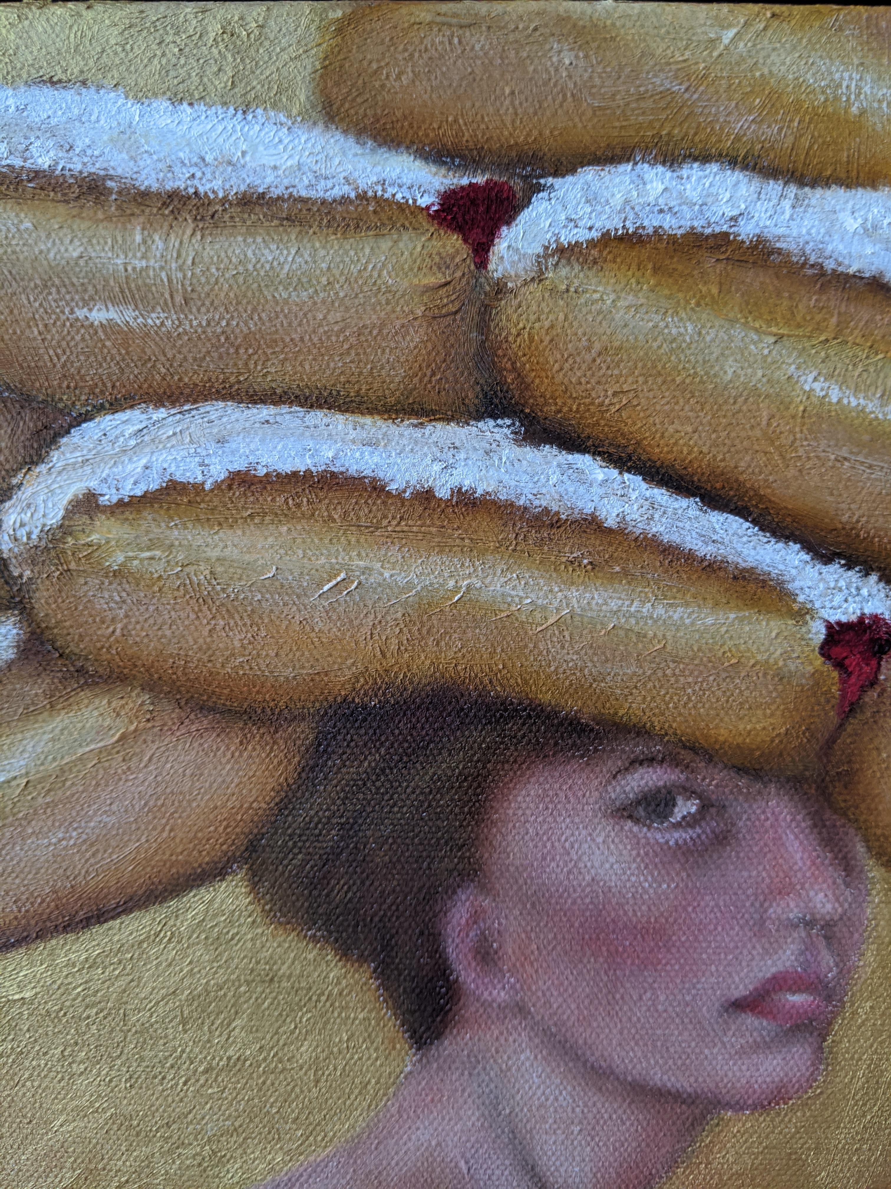 In this oil on canvas portrait, donuts are balanced atop the head of a nude.  The title connotes the human struggle for prioritization in life of our many competing desires, such as food and sex, and the implied balance called for in all such
