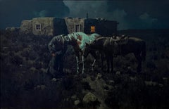 "A FINE WELCOME" WESTERN COWBOY ARTISTS OF AMERICA 38 X 50 FRAMED NOCTURNAL