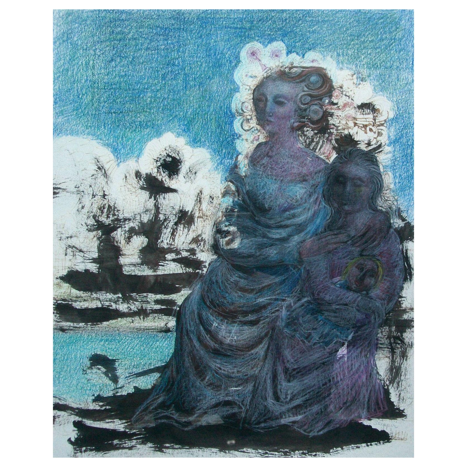 GARY PETER SLIPPER R.C.A. (b.1934) - 'Mother + Daughter Beside the River' - extraordinaire dessin à l'encre et aux crayons de couleur sur papier - dessin réalisé au Mexique - utilisation merveilleuse de couleurs fortes et de contrastes - signé en