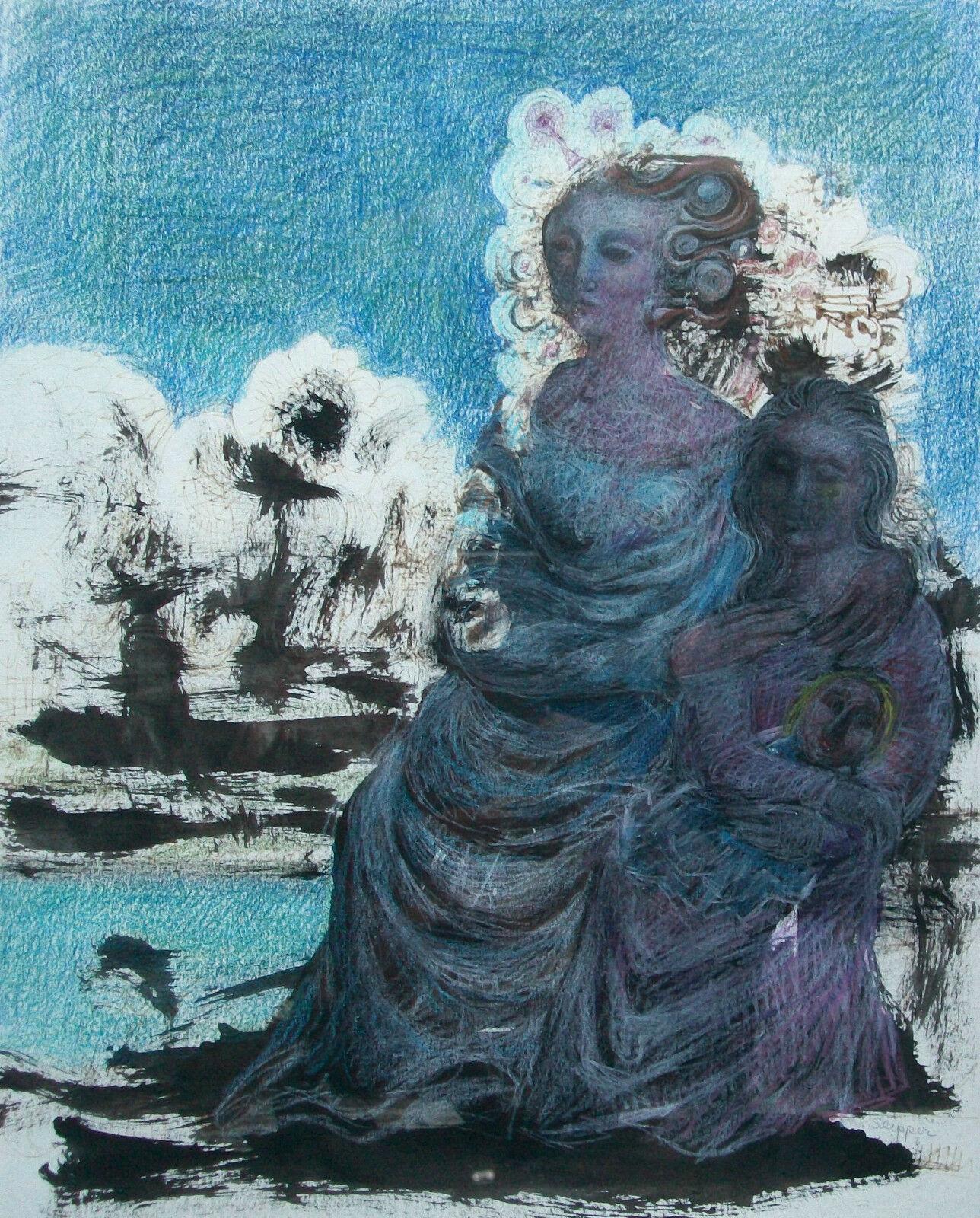 Gary P. Slipper R.C.a., „Mother+Daughter...“, Zeichnung in Mischtechnik, um 1987 (Moderne) im Angebot