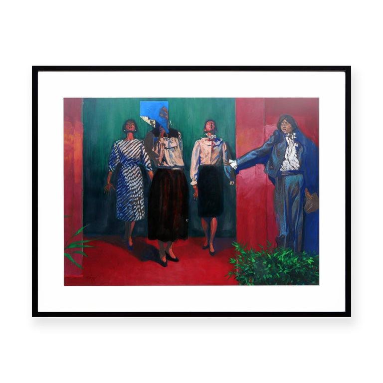 Modern red, blue, and green interior still life painting by the artist Gary Pettigrew. The work features four department store mannequins styled in 1980s fashion set against a red background and green curtains. Signed and dated by artist in front