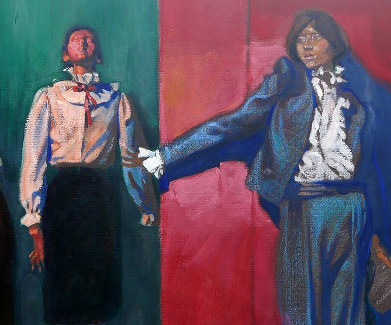 Modern Americana Red, Blue, and Green Still Life Painting of Store Mannequins For Sale 6