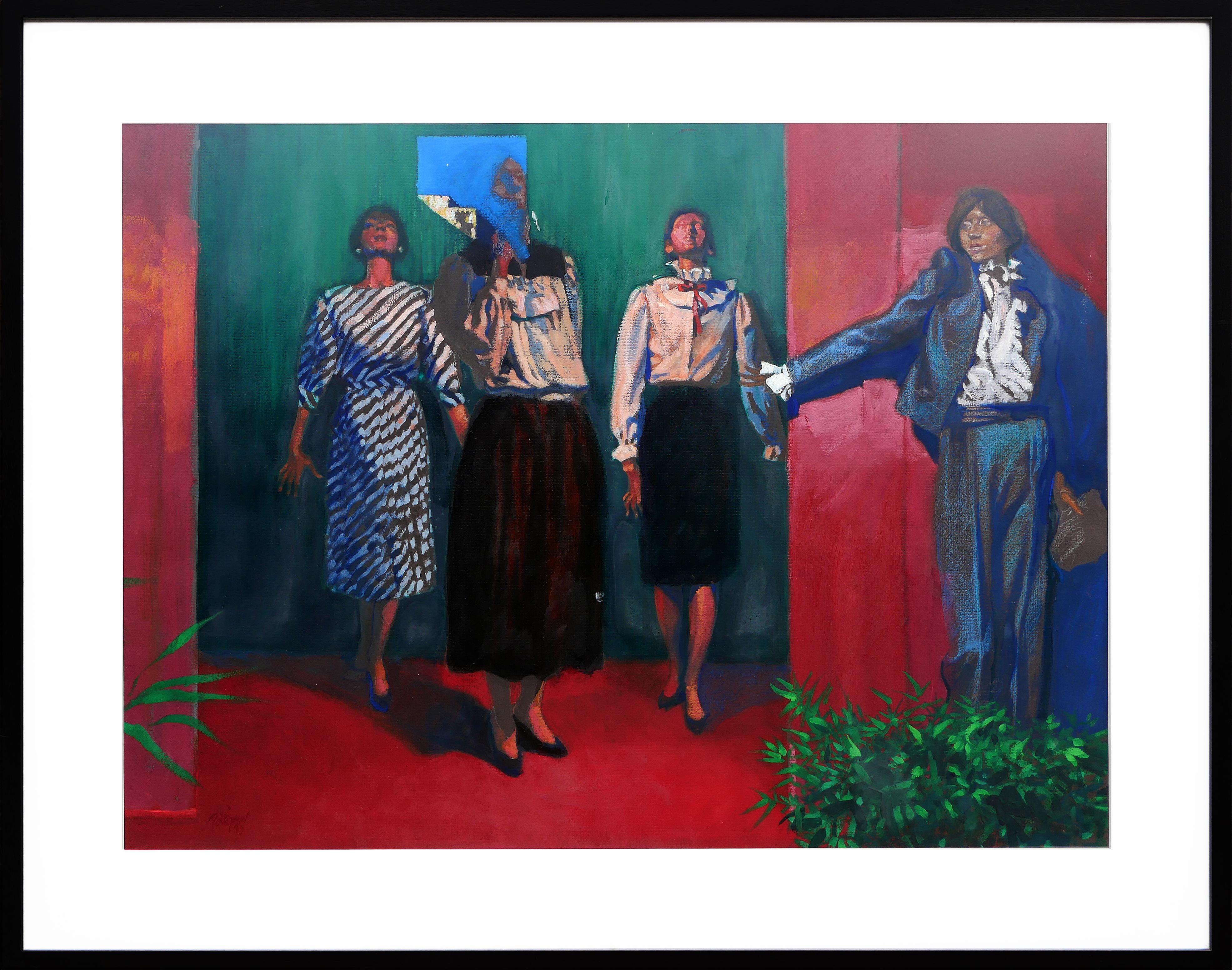 Gary Pettigrew Still-Life Painting - Modern Americana Red, Blue, and Green Still Life Painting of Store Mannequins