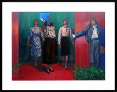 Modern Americana Red, Blue, and Green Still Life Painting of Store Mannequins